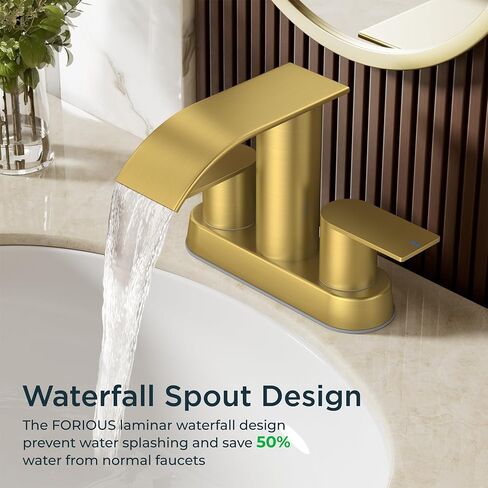 FORIOUS Black Waterfall Bathroom Faucets for Sink 2 Hole or 3 Hole, 4 Inch Centerset Bathroom Sink Faucet with Metal Pop up Drain and cUPC Hose for Basin,Vanity, Rv, Two Handles, 15-Min Install in Saudi Arabia