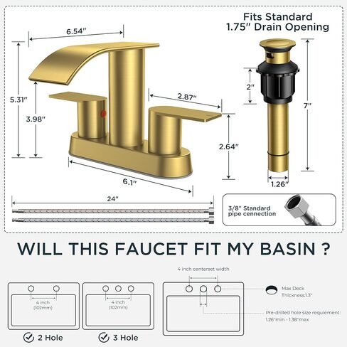 FORIOUS Black Waterfall Bathroom Faucets for Sink 2 Hole or 3 Hole, 4 Inch Centerset Bathroom Sink Faucet with Metal Pop up Drain and cUPC Hose for Basin,Vanity, Rv, Two Handles, 15-Min Install in Saudi Arabia
