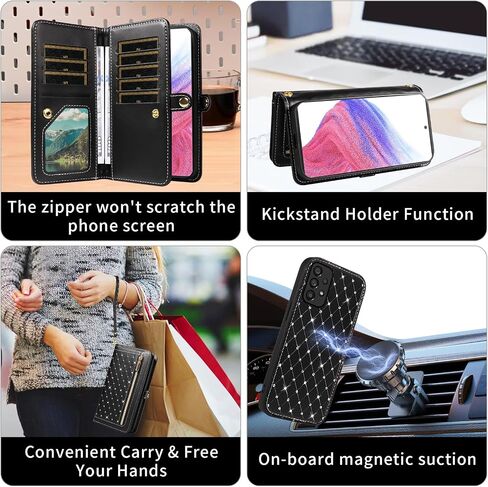 Asuwish Phone Case for Samsung Galaxy A53 5G Zipper Wallet غطاء خلايا مغناطيسية قابلة للفصل مع حزام الشاشة Crossbody Strap Bling Flip Card Card A 53 G5 53A SM A536U 6.5 "2022 Women Pink in Saudi Arabia
