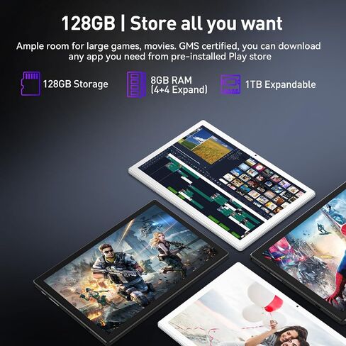 Android 14 Tablet 10.1 inch ، تخزين 128 جيجا بايت ، 8 جيجا بايت (4+4) ذاكرة الوصول العشوائي ، أوكتورا ، و 5 جرام لوحي واي فاي ، بطارية 7000 مللي أمبير في الساعة ، BT 5.0 ، GPS ، كاميرا 13 ميجابكسل+8 ميجابكسل ، GMS معتمدة ، 1 تيرابايت قابلة للتوسيع مع لوحة in Kuwait
