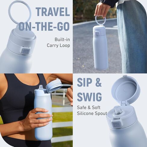 COKTIK Stainless Steel Water Bottle with Buit-in Carrying loop, Metal water bottles with straw, Leak Proof, Free sip, BPA Free, Push & on Flip lid, Water bottle for Travel, Gym, 32oz, Green in Saudi Arabia