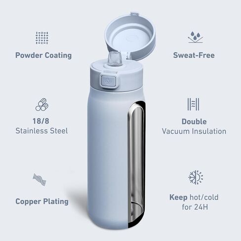 COKTIK Stainless Steel Water Bottle with Buit-in Carrying loop, Metal water bottles with straw, Leak Proof, Free sip, BPA Free, Push & on Flip lid, Water bottle for Travel, Gym, 32oz, Green in Saudi Arabia