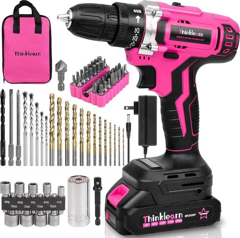 20V Pink Cordless Drill Set - Power Drill/Driver Kit with Drill Brush, Drill Bit Set, 3/8" Keyless Chuck, 2 Variable Speed, 25+1 Torque Setting, Battery and Charger Included, Electric Drill for Home in Saudi Arabia