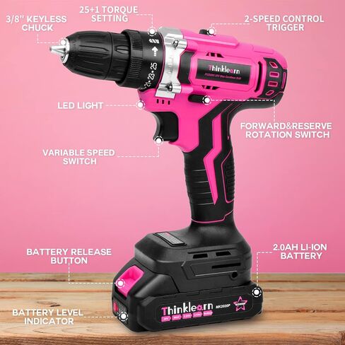 20V Pink Cordless Drill Set - Power Drill/Driver Kit with Drill Brush, Drill Bit Set, 3/8" Keyless Chuck, 2 Variable Speed, 25+1 Torque Setting, Battery and Charger Included, Electric Drill for Home in Saudi Arabia