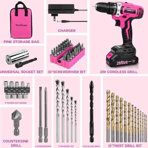 20V Pink Cordless Drill Set - Power Drill/Driver Kit with Drill Brush, Drill Bit Set, 3/8" Keyless Chuck, 2 Variable Speed, 25+1 Torque Setting, Battery and Charger Included, Electric Drill for Home in Saudi Arabia