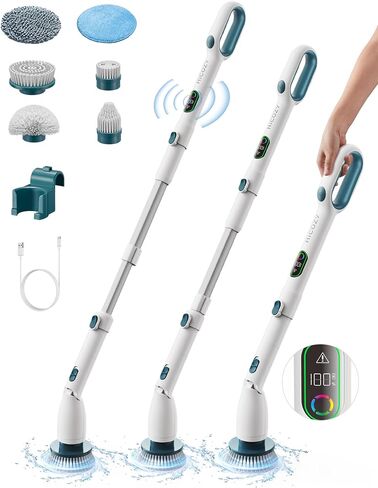 HiCOZY Electric Spin Scrubber HS1 Pro, Shower Scrubber with 2024 New Upgraded Voice Prompt LED Smart Display, Cleaning Brush with 4 Adjustable Speeds, 6 Replaceable Brush Heads Light White in Saudi Arabia