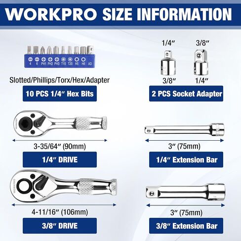 WORKPRO مجموعة أدوات السقاطة والبت ذات الرأس المرن 16 قطعة، 1/4 بوصة، 3/8 بوصة مفتاح ربط بسقاطة محرك، 72-T مفتاح مقبس قابل للعكس سريع التحرير، 2 محول مقبس، 2 قضبان تمديد، 10 قطع 1/4 بوصة بتات سداسية in Saudi Arabia