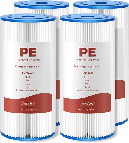 SimPure 10"x4.5" Pleated Sediment Water Filter, 20 Micron Whole House Water Filter Cartridge for Well Water Compatible with FXHSC, ECP20-BB, R50-BBSA, CB1-SED10-BB (4 Pack) in Saudi Arabia