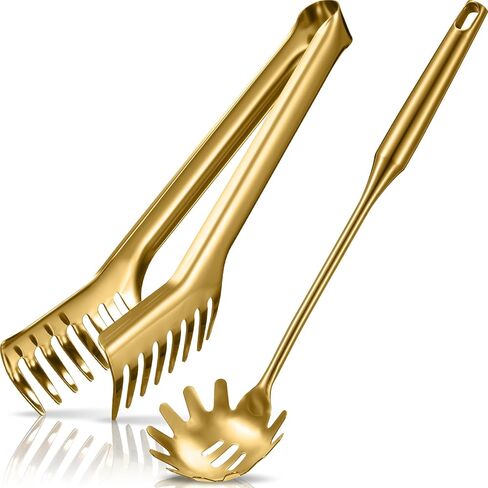 Patelai 2 PCS ملعقة من المعكرونة الفولاذ المقاوم للصدأ مع أسنان معكرونة كبيرة أواني ملعقة ، 9.4 '' الباستا تونغ و 13.6 ' in Kuwait