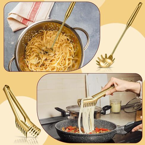 Patelai 2 PCS ملعقة من المعكرونة الفولاذ المقاوم للصدأ مع أسنان معكرونة كبيرة أواني ملعقة ، 9.4 '' الباستا تونغ و 13.6 ' in Kuwait