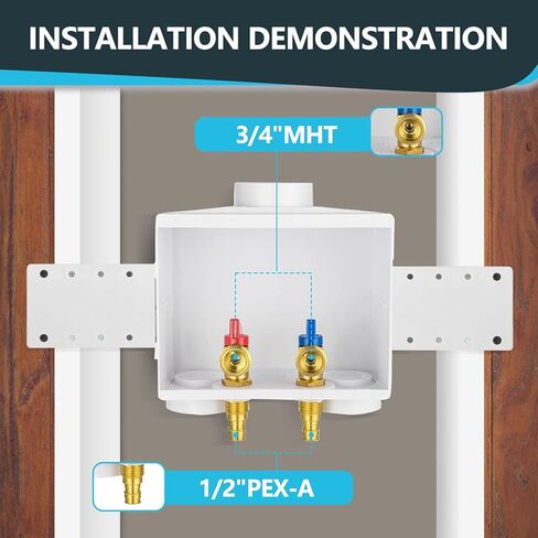 Washing Machine Outlet Box, Double Drains, 1/2 Inch Pex Crimp Inlet x 3/4 Inch MHT Outlet Connection, Laundry Washer Valve Outlet Box, with Stainless Steel Water Hammer Arrestor in Kuwait