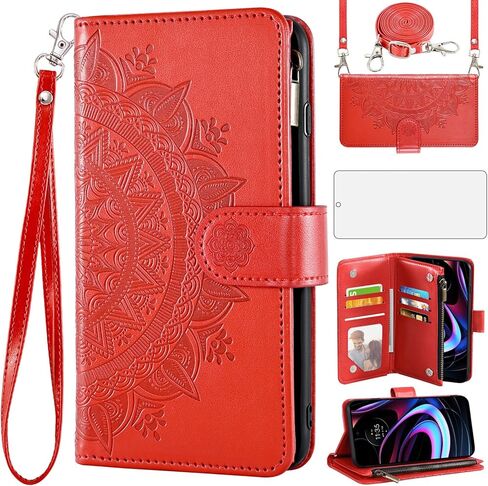 Asuwish Phone Case for Motorola Moto Edge 2021/MotoEdge 5G UW 2021 Wallet Cell Cover with Screen Protector Lanyard Wrist Strap Mandala Flower Zipper Card Holder Slot Stand XT2141-1 Women Girls Gray in Saudi Arabia