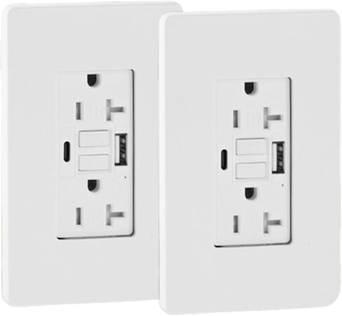 GFCI USB Outlet 20 Amp Duplex Wall Receptacle with Built-in USB Type A & Type C Combo with 24W Charging Port for Smartphone, Self-Test, Tamper Resistant, White Wall Plate Cover Included in Saudi Arabia