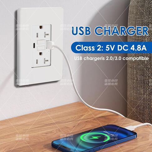 GFCI USB Outlet 20 Amp Duplex Wall Receptacle with Built-in USB Type A & Type C Combo with 24W Charging Port for Smartphone, Self-Test, Tamper Resistant, White Wall Plate Cover Included in Saudi Arabia
