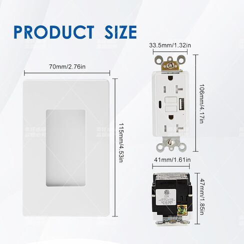 GFCI USB Outlet 20 Amp Duplex Wall Receptacle with Built-in USB Type A & Type C Combo with 24W Charging Port for Smartphone, Self-Test, Tamper Resistant, White Wall Plate Cover Included in Saudi Arabia