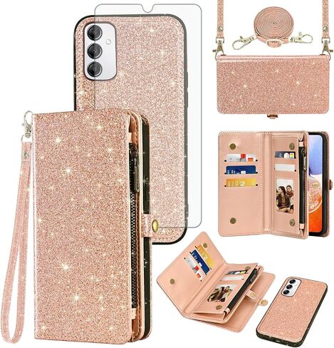 علبة هاتف ASUWISH لـ Samsung Galaxy A14/M14 5G محفظة سحاب غطاء خلايا قابلة للفصل مع حامي الشاشة الزجاجية المحفورة حليقة معصم الائتمان in Saudi Arabia