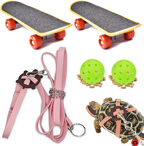 Turtles Playing and Training Toys Set, 1 Adjustable Tortoise Leash 2 Reptile Skateboards 2 Treat Ball, Turtle Fast Skate Accessory Funny Pet Mini Walking Skateboards for Parrot(Yellow Small) in Saudi Arabia