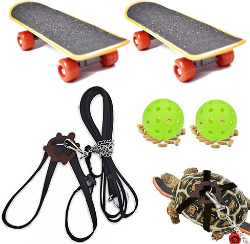 Turtles Playing and Training Toys Set, 1 Adjustable Tortoise Leash 2 Reptile Skateboards 2 Treat Ball, Turtle Fast Skate Accessory Funny Pet Mini Walking Skateboards for Parrot(Yellow Small) in Saudi Arabia
