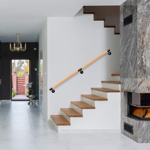 Dolibest 3.2 ft Wood Handrail Indoor Stairs Handrail Wall Mount Handrail w/Sturdy Metal Barckets, Non-Slip and Comfty Handrail Barrier-Free Staircase Grab Bar for Elderly, 1-1/2'' Round in Saudi Arabia
