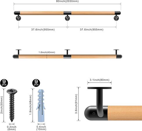 Dolibest 3.2 ft Wood Handrail Indoor Stairs Handrail Wall Mount Handrail w/Sturdy Metal Barckets, Non-Slip and Comfty Handrail Barrier-Free Staircase Grab Bar for Elderly, 1-1/2'' Round in Saudi Arabia