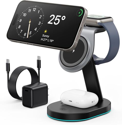 3 في 1 محطة شحن شاحن لاسلكية لجهاز iPhone ، 15W Charger Charger Magnaging Stand For Mag-Safe مع محول USB C 30W و LIGHT LIGHT FORMIN in Kuwait