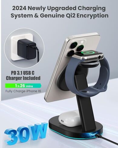 3 في 1 محطة شحن شاحن لاسلكية لجهاز iPhone ، 15W Charger Charger Magnaging Stand For Mag-Safe مع محول USB C 30W و LIGHT LIGHT FORMIN in Kuwait