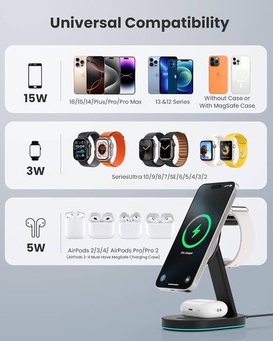 3 في 1 محطة شحن شاحن لاسلكية لجهاز iPhone ، 15W Charger Charger Magnaging Stand For Mag-Safe مع محول USB C 30W و LIGHT LIGHT FORMIN in Kuwait