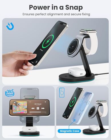 3 في 1 محطة شحن شاحن لاسلكية لجهاز iPhone ، 15W Charger Charger Magnaging Stand For Mag-Safe مع محول USB C 30W و LIGHT LIGHT FORMIN in Kuwait