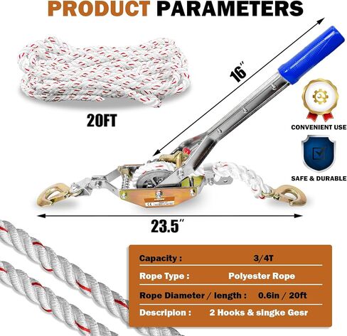 Rope Puller 3/4 Ton Capacity with 100Ft 0.6In Diameter Rope Come Along Winch 2 Hooks Rope with Single Gears for Tree Felling Moving Boats in Saudi Arabia