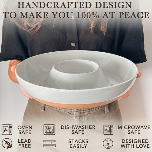 Mora Ceramic Chips and Dip Serving Tray: Large Divided Party Bowl Set for Chips & Salsa, Veggies & Dip, Fruit, Snacks, Entertaining, Hosting, etc. Minimalist Design for the Modern Hostess - Charcoal in Saudi Arabia
