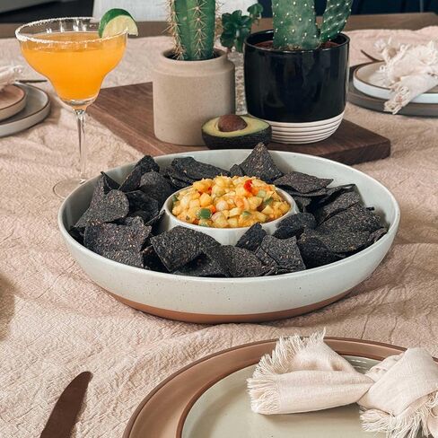 Mora Ceramic Chips and Dip Serving Tray: Large Divided Party Bowl Set for Chips & Salsa, Veggies & Dip, Fruit, Snacks, Entertaining, Hosting, etc. Minimalist Design for the Modern Hostess - Charcoal in Saudi Arabia