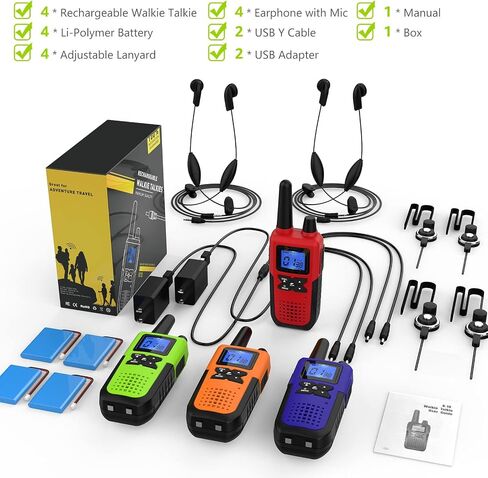 Talkies Walkie للبالغين على المدى الطويل إعادة شحنها - لمسافات طويلة 2 Way Radio Radio Walkie Talkies 4 Pack Talki مع سماعة الأذن MIC مجموعة USB Charger Lanyard NOAA in Kuwait