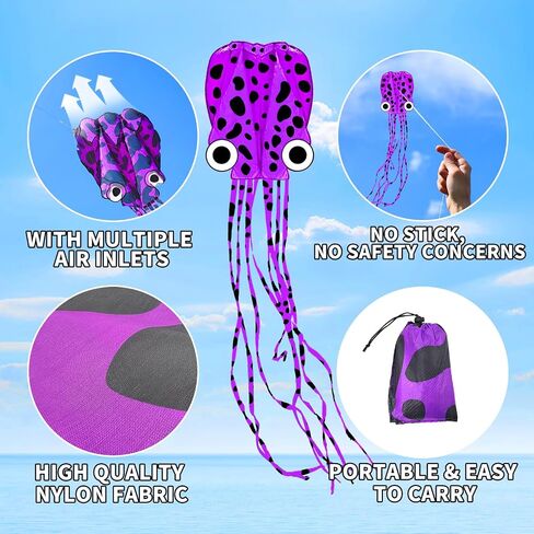 Kite Kite Octopus Kite للأخطبوط والبالغين من Mint ، الطائرات الورقية الكبيرة ثلاثية الأبعاد مع ذيول طويلة ، طائرات طائرة طائرة طيبة سهلة للألعاب وأنشطة الرحلة الشاطئية in Saudi Arabia