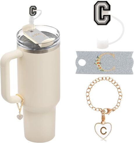 مجموعة 3PSC Stanley Cup Accessories - 1pcs لوحات الاسم الأولية لـ 40oz فقط ، 1pcs 10 ملم غطاء قش السيليكون وسحر رسالة 1pcs لـ Stanley Cup Tumbly ، Pink ، R (Cup Estred) in Saudi Arabia
