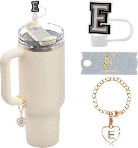 مجموعة 3PSC Stanley Cup Accessories - 1pcs لوحات الاسم الأولية لـ 40oz فقط ، 1pcs 10 ملم غطاء قش السيليكون وسحر رسالة 1pcs لـ Stanley Cup Tumbly ، Pink ، R (Cup Estred) in Saudi Arabia