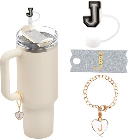 مجموعة 3PSC Stanley Cup Accessories - 1pcs لوحات الاسم الأولية لـ 40oz فقط ، 1pcs 10 ملم غطاء قش السيليكون وسحر رسالة 1pcs لـ Stanley Cup Tumbly ، Pink ، R (Cup Estred) in Saudi Arabia