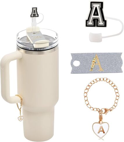 مجموعة 3PSC Stanley Cup Accessories - 1pcs لوحات الاسم الأولية لـ 40oz فقط ، 1pcs 10 ملم غطاء قش السيليكون وسحر رسالة 1pcs لـ Stanley Cup Tumbly ، Pink ، R (Cup Estred) in Saudi Arabia