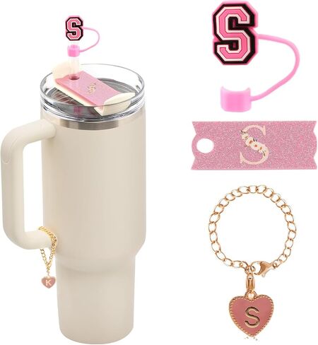 مجموعة 3PSC Stanley Cup Accessories - 1pcs لوحات الاسم الأولية لـ 40oz فقط ، 1pcs 10 ملم غطاء قش السيليكون وسحر رسالة 1pcs لـ Stanley Cup Tumbly ، Pink ، R (Cup Estred) in Saudi Arabia