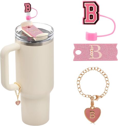 مجموعة 3PSC Stanley Cup Accessories - 1pcs لوحات الاسم الأولية لـ 40oz فقط ، 1pcs 10 ملم غطاء قش السيليكون وسحر رسالة 1pcs لـ Stanley Cup Tumbly ، Pink ، R (Cup Estred) in Saudi Arabia