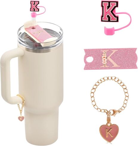مجموعة 3PSC Stanley Cup Accessories - 1pcs لوحات الاسم الأولية لـ 40oz فقط ، 1pcs 10 ملم غطاء قش السيليكون وسحر رسالة 1pcs لـ Stanley Cup Tumbly ، Pink ، R (Cup Estred) in Saudi Arabia