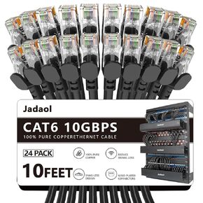 Jadaol Cat6 10ft 24 Pack Patch Cables, 10Gbps High-Speed Ethernet Patch Cable, Support Cat8/7 Network, 24AWG Pure Copper, RJ45 Gold-Plated Connector, LAN Network Cable for Patch Panel to Switch, Black