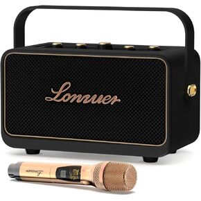 No Distortion 10000mAh Rechargeable 80W Retro Portable Wooden Bluetooth Speaker with Wireless Microphone USB AUX Input for Adults Home Party Classroom(Innovation Brown)