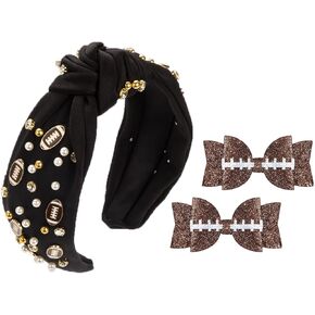Football Headband for Women Game Day Football Bow Hair Clips Pearl Rhinestone Jeweled Knotted Headband Football Accessories Gift for Football Mom Fans