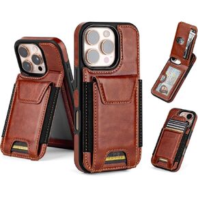 Compatible with iPhone 16 Pro Wallet Case with Card Holder,Women Men,Phone Case PU Leather RFID Blocking Shockproof Magnetic Flip Cover Credit Card Slots Kickstand,for Apple 16 Pro 6.3",Brown