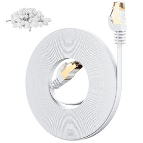 Adoreen Cat 7 Flat Outdoor Ethernet Cable 15 Ft-Black, High-Speed Shielded Internet Network Cable, S/FTP, POE, 10Gbps 600MHZ Thin Slim Cat 6E 6A Patch Cord LAN Wire, LLDPE, Direct Burial + Clips