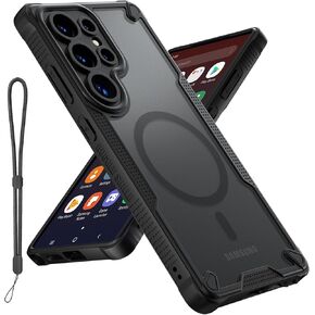 for Samsung Galaxy S25 Ultra Case, Translucent Matte Back Compatible with Magsafe Magnetic Slim Shockproof Protective Case with Lanyard Strap for Samsung S25 Ultra 5G Phone Cover, Black