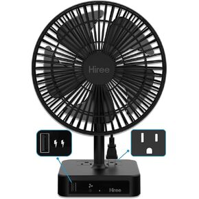 Desk Fan with USB Charging Port, 6.7 Inch 2 Speeds Small Desktop Table Fan with USB Charger, AC Outlet and LED Light, Strong Wind, Quiet Operation - Suitable for Bedroom, Home, Dorm Room