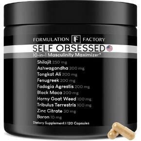 Self Obsessed, 10-in-1 Masculinity Maximizer for Men, Increase Lean Muscle Growth, Energy, Drive, Strength, Recovery, Cognition, Shilajit, Tongkat, Fadogia (120 Capsules)
