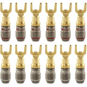 Nakamichi FanLock Excel Series 24k Gold Plated Spade Connector Banana Plug 10 AWG - 18 AWG Gauge Size 4mm for Speakers Amplifier Hi-Fi Home Theatre Wire Cable Quick Connector, 8 Pcs (4-Pairs)