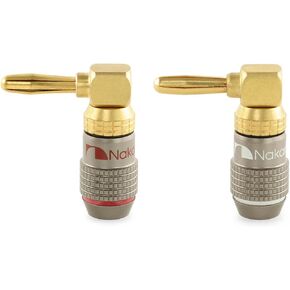 Nakamichi FanLock Excel Series 24k Gold Plated Right-Angle 90 Degree Banana Plug 10 AWG - 18 AWG Gauge Size 4mm for Speakers Amplifier Hi-Fi Home Theatre Wire Cable Quick Connector, 8 Pcs (4-Pairs)
